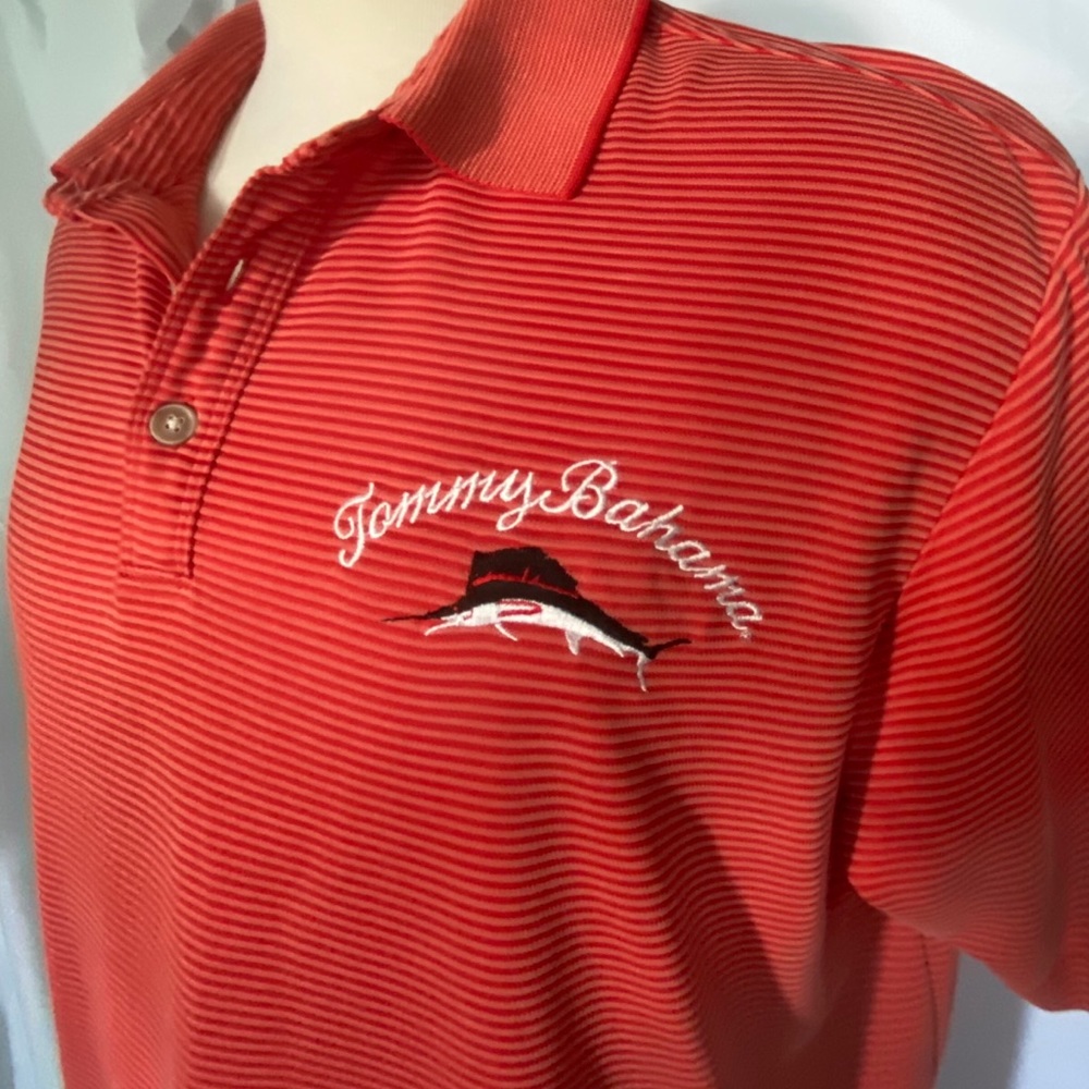 TOMMY BAHAMA Golf Polo Shirt. Sz. L.  Crimson Tonal Stripe. Embroidered Logo